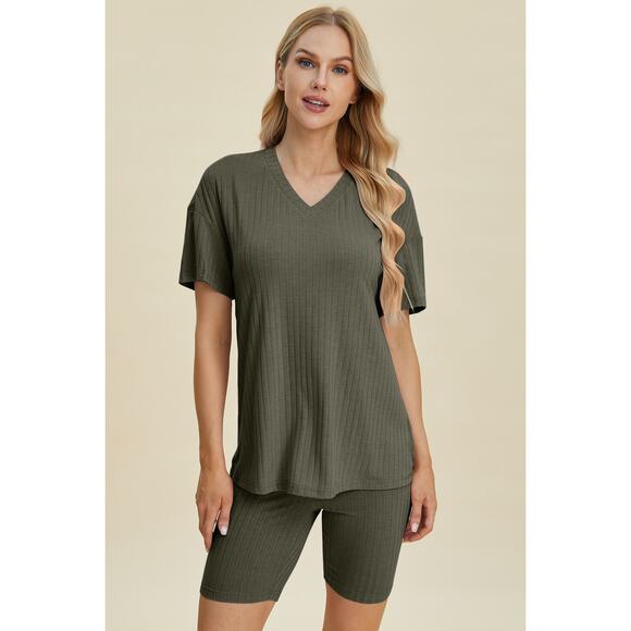 BASIC BAE Moss Green Ribbed V-Neck Short Sleeve Top Shorts Set NEW Misses Plus - Picture 1 of 5